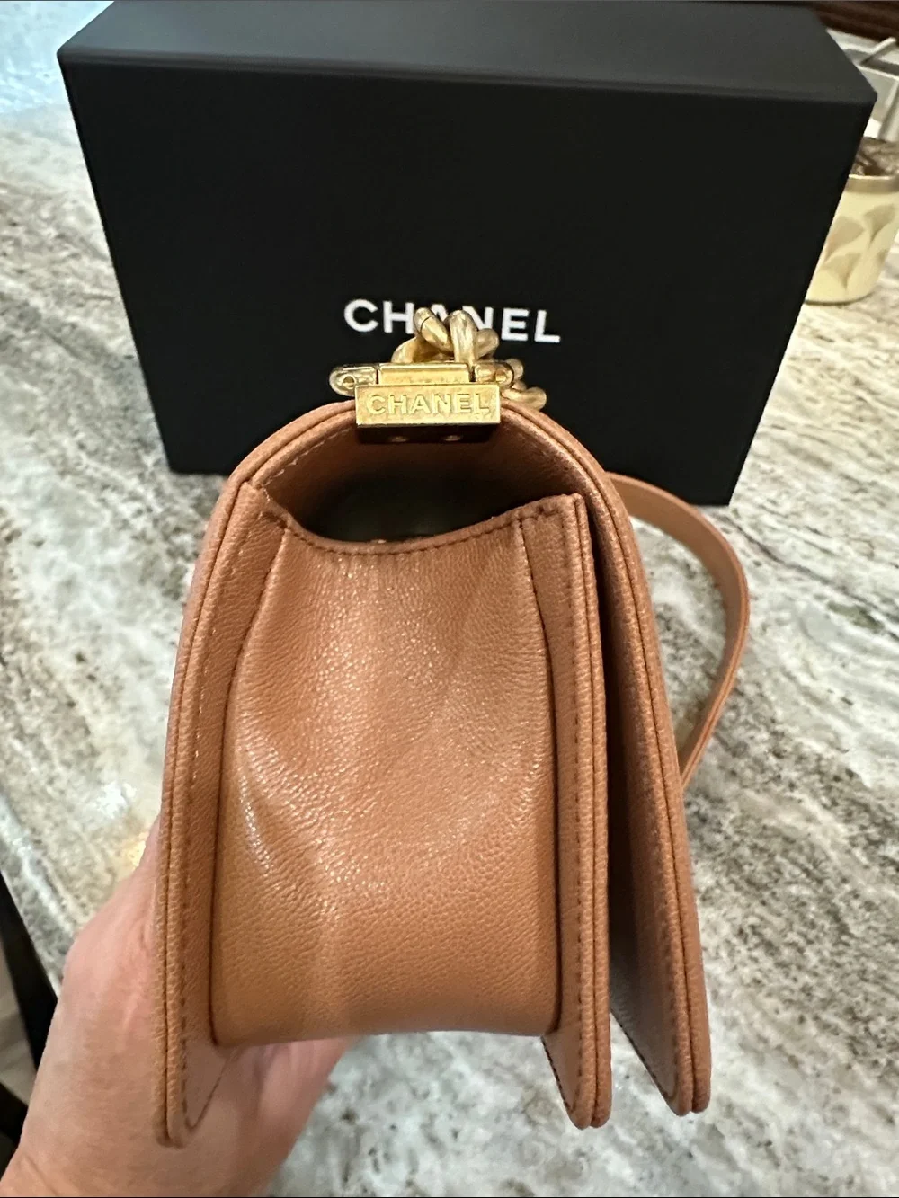 CHANEL Chevron Quilted Boy Flap Bag with Gold Hardware small Tan